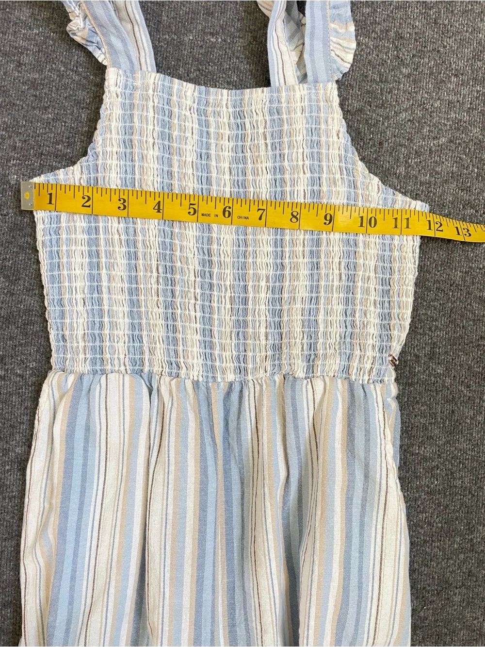 Tahari Girl Blue Striped Jumpsuit Size 10 Smocked Flutter Sleeve Cotton